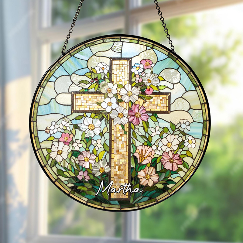 Personalized Cross Wildflowers Stained Glass Suncatcher Ornament with Name Window Hanging Decor Christian Home Decor Religious Gift for her
