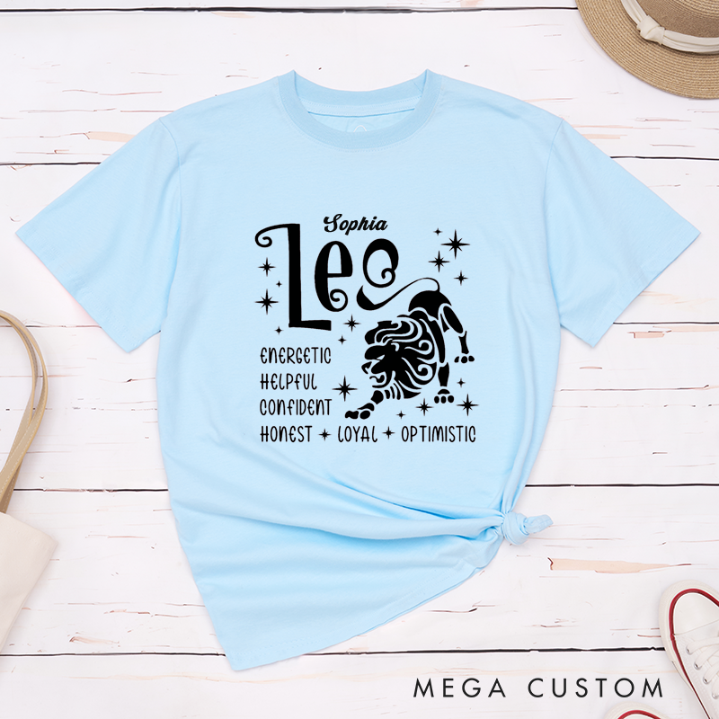 Personalized Leo Zodiac Classic T-Shirts Custom Name Energetic Confident Honest Loyal Optimistic Gift for Men and Women Birthday Astrology Lovers