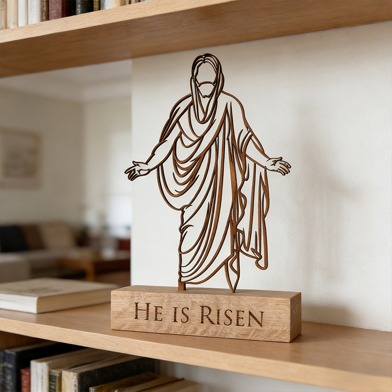 Personalized He is Risen Jesus Art Wooden Plaque with Engraved Text Desktop Decor Religious Gift Easter Gift for Jesus Lover