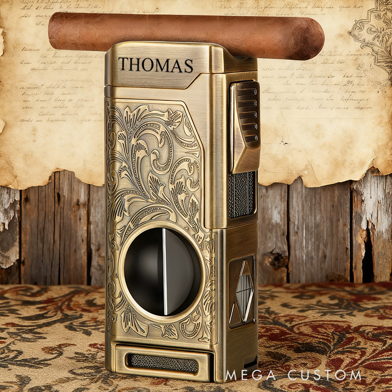 Personalized Cigar Torch Lighter 4 Jet Flame Refillable with Cigar Accessories Gift Box Valentine’s Day Dad Anniversary Gift for Him