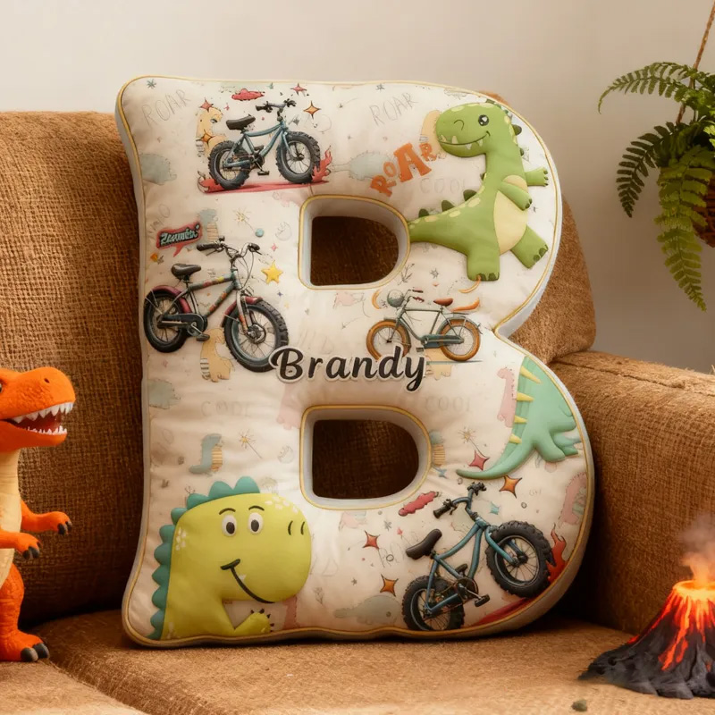 Personalized Dinosaur Bike Letter Pillow Graphic 3D Print Bow Letter Pillow Name Pillow Comfortable Travel Cushion for Kids Riding Lovers