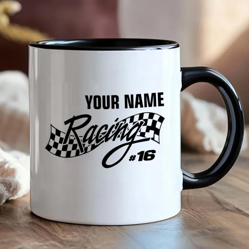 Personalized Racing Mug with Name and Checkered Flag for Outdoor Adventures Riding Cycling Biking Enthusiasts