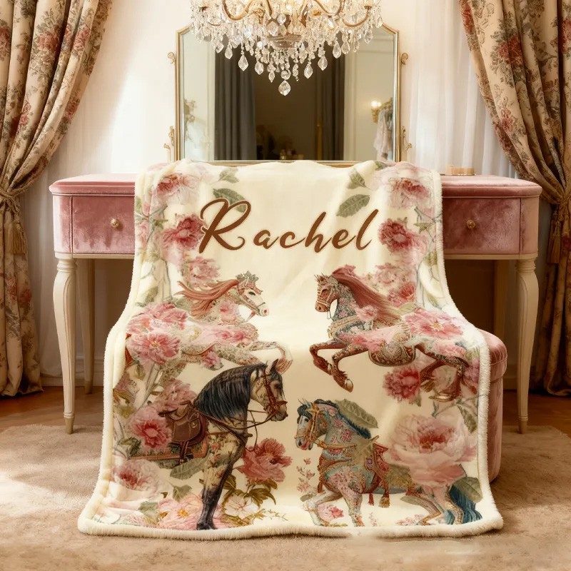 Personalized Riding Floral Blanket Equestrian Horse Custom Name Festive Flower Decor with French Countryside Gifts Family Blanket for Riding Lovers Equestrian Lovers