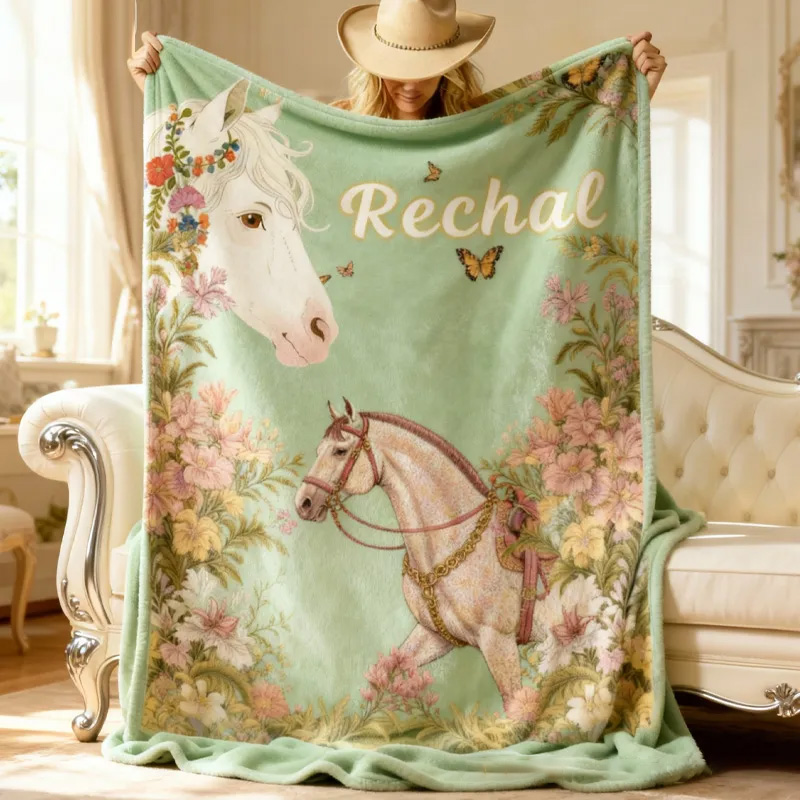 Personalized Riding Floral Blanket Flower Horse Custom Name Festive Flower Decor with French Countryside Gifts Family Blanket for Riding Lovers Equestrian Lovers