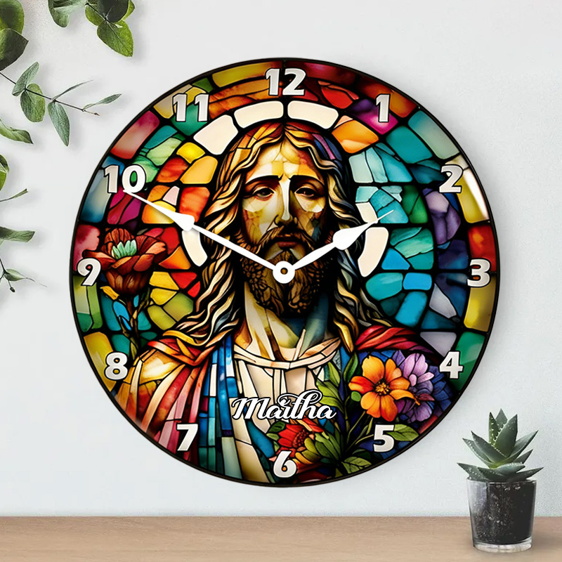 Personalized Jesus Stained Glass Wall Clock with Custom Name Graphic 3D Printed Wall Clock Home Decor Religious Gift for Christians