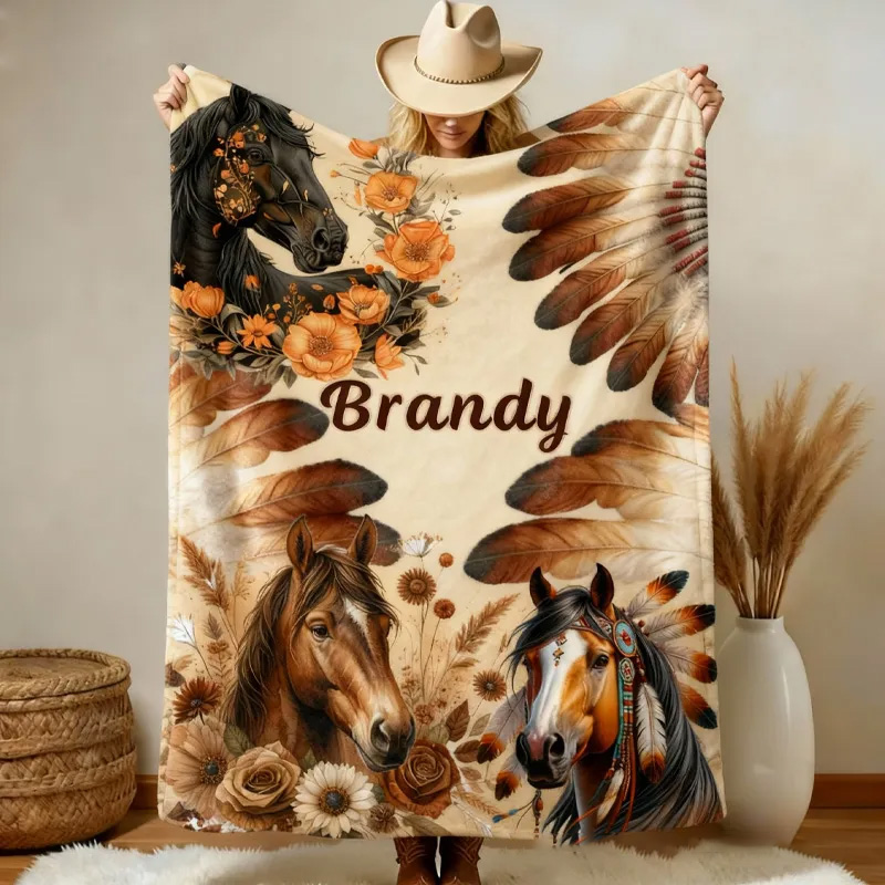 Personalized Riding Floral Blanket Feather Horse Custom Name Festive Flower Decor with French Countryside Gifts Family Blanket for Riding Lovers Equestrian Lovers