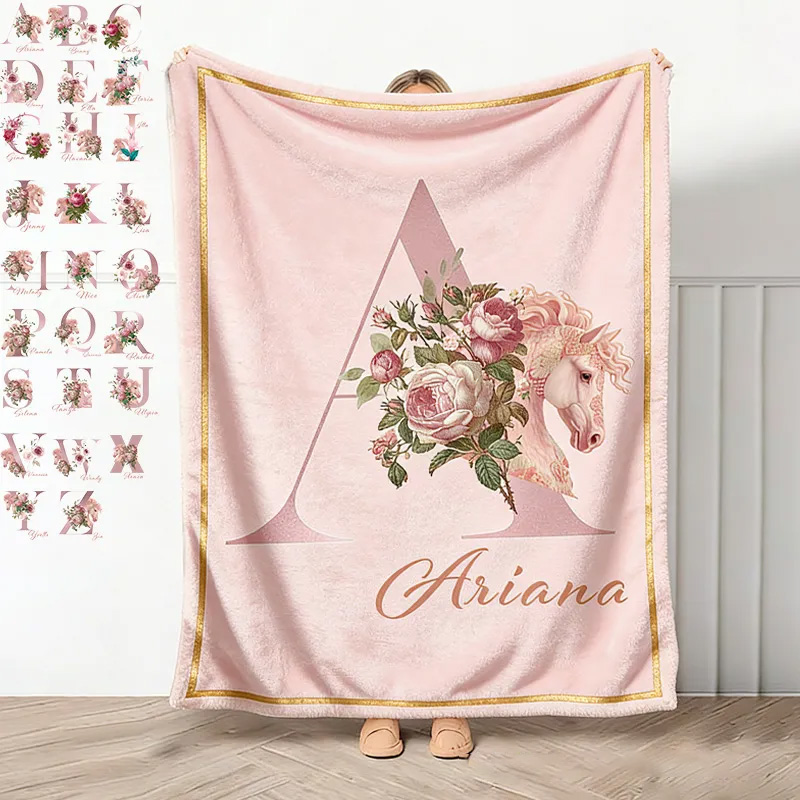 Personalized Initials Letter Riding Floral Blanket Floral Horse Custom Name Festive Flower Decor with French Countryside Gifts Family Blanket for Riding Lovers Equestrian Lovers
