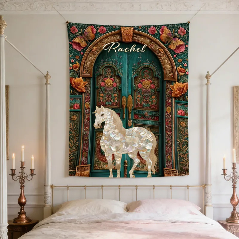 Personalized Riding Floral Blanket Vintage Garden Gate Floral Horse Custom Name Festive Flower Decor with French Countryside Gifts Family Blanket for Riding Lovers Equestrian Lovers