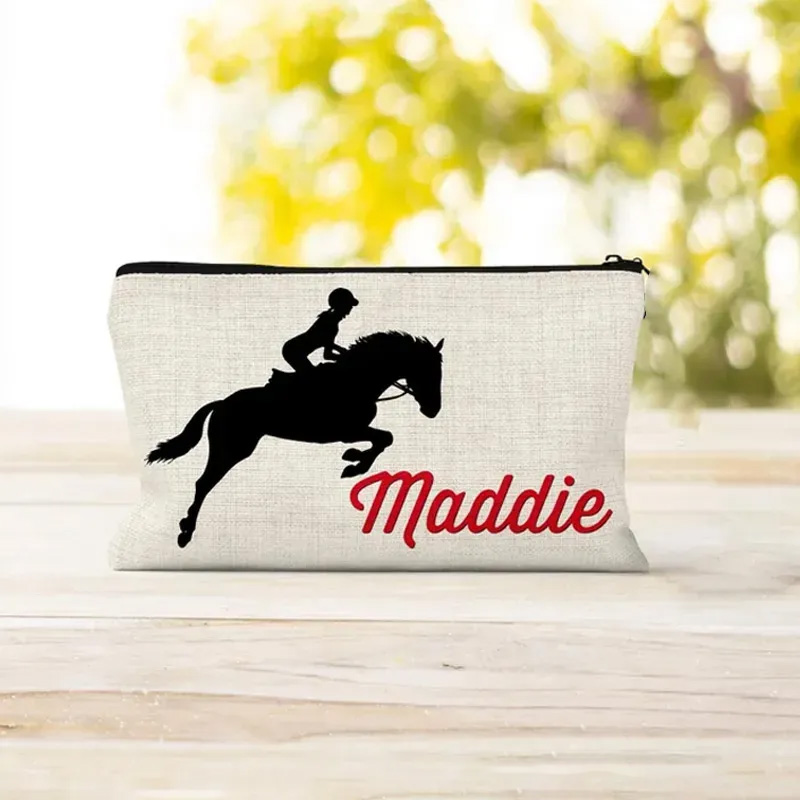 Personalized Equestrian Makeup Bag Equestrian Cosmetic Bag Horse Lover Gift Linen Zipper Pouch for Riding Lovers