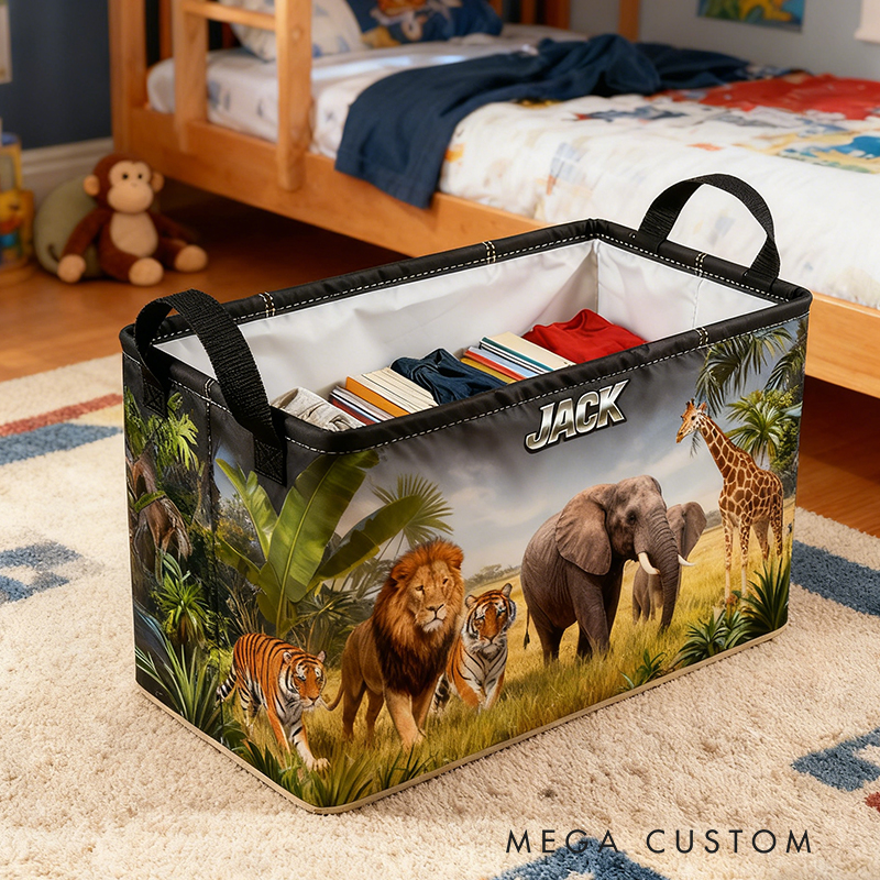 Personalized Custom Name Safari Animal Storage Bin - Kids' Jungle-Themed Toy Organizer