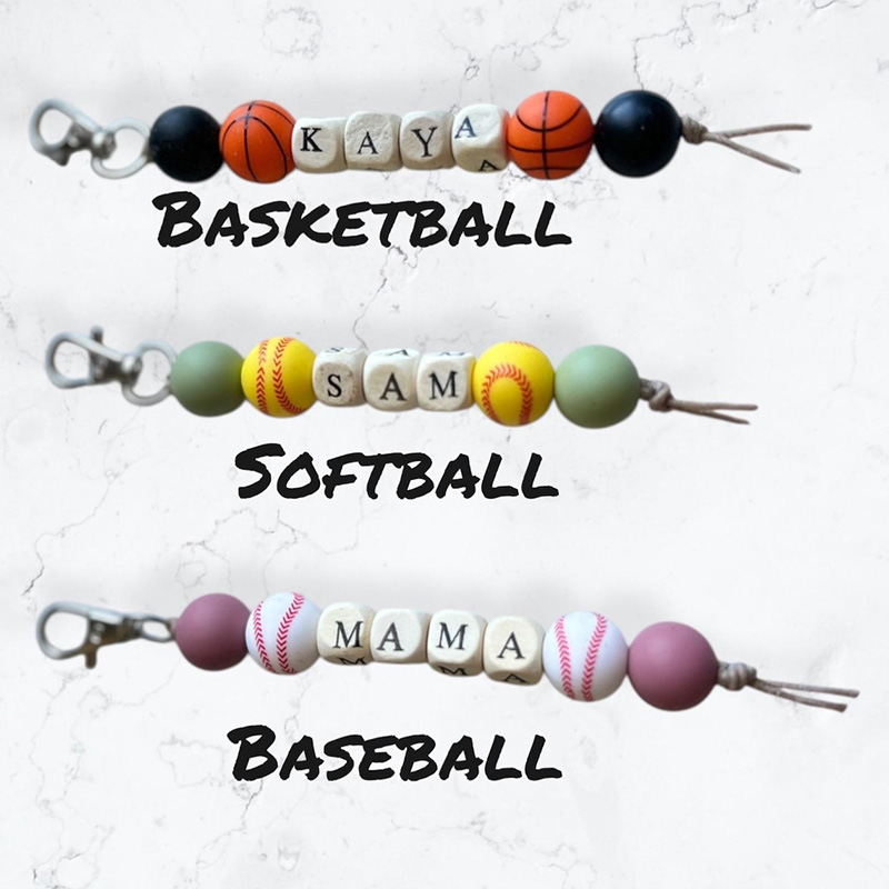 Personalized Sports Keychain Beaded Name Keyring with Baseball Soccer Basketball Custom Gift for Dad Coaches Kids Backpack Decor
