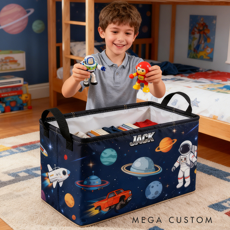 Personalized Custom Name Space-Themed Storage Bin - Kids' Astronaut & Planet Toy Organizer