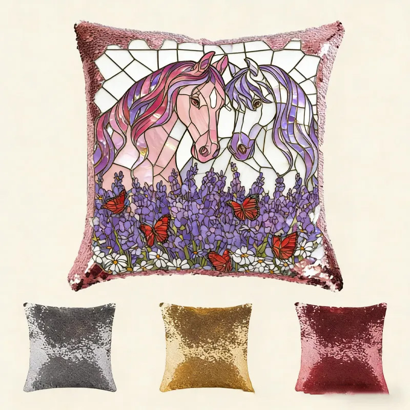 Personalized Sequin Cushion Throw Pillow Cover Stained Glass Horse Throw Pillow for Horse Owner Lover Riding Lovers Equestrian Lovers