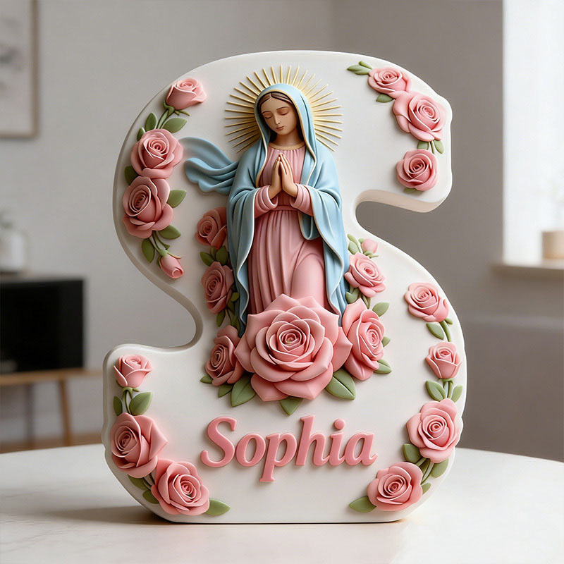 Personalized 3D Printed Virgin of Guadalupe Letter Ornaments with Custom Name Religious Home Decor Catholic Gift for Her Pink Rose Prayer Corner Gift