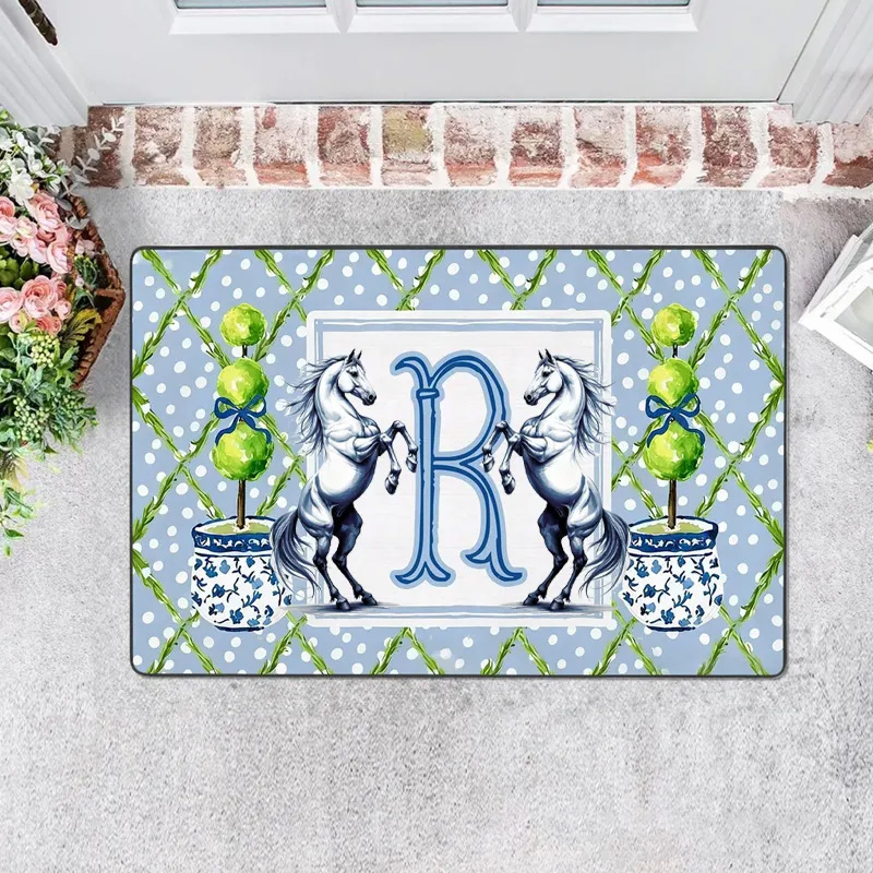 Personalized Rugs Riding Personalized Chinoiserie Initial Blue White Doormat Home Decor Housewarming Birthday Gift for Family Friends for Family for Riding Lovers Equestrian Lovers