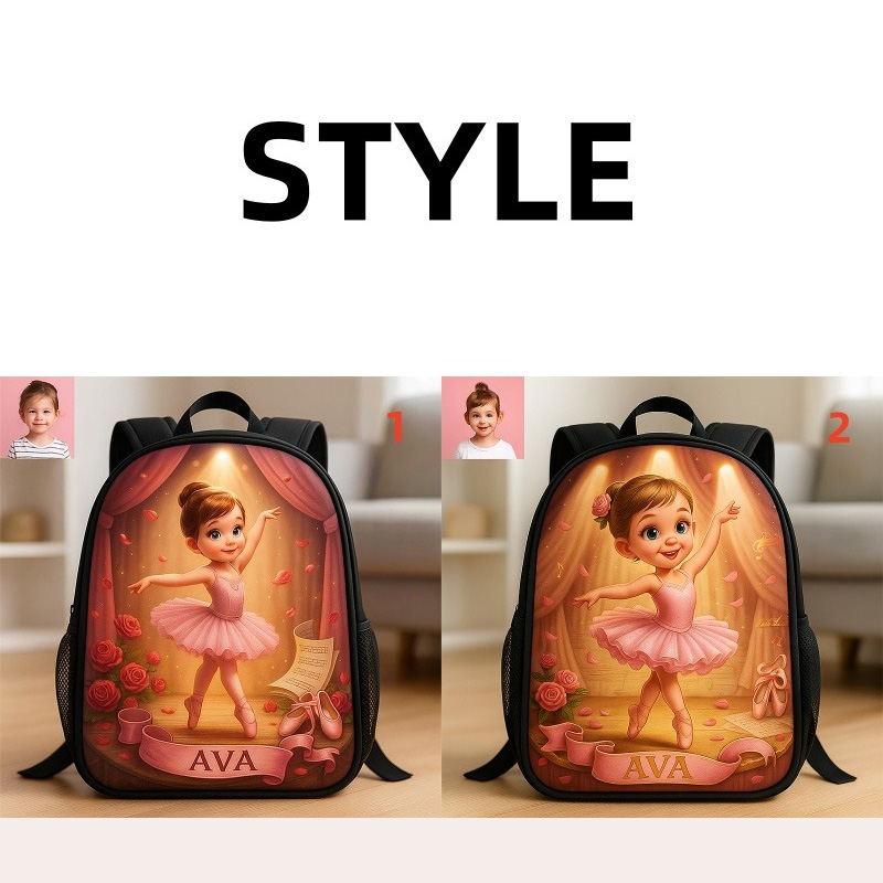 Personalized Ballet Girl Cartoon Backpack Custom Photo and Name for Kids and Ballet Lovers Birthday Black to School Christmas Gift