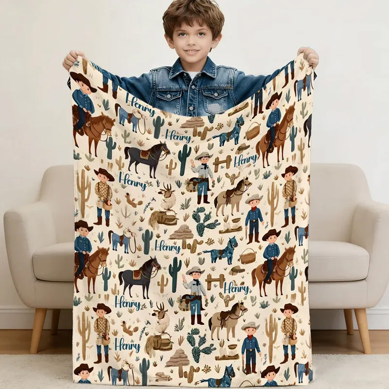 Personalized Western Cowboy Cow Horse Soft Throw Blanket with Name Home Decor Birthday Anniversary Gift for Cowboy Country Lover Riding Lovers Equestrian Lovers