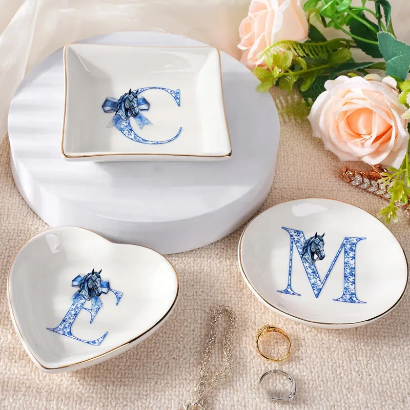 Personalized Blue Bow Horse Toile De Jouy Initial Ceramic Trinket Jewelry Dish Daily Use Birthday Gift for Girls Women Riding Lovers