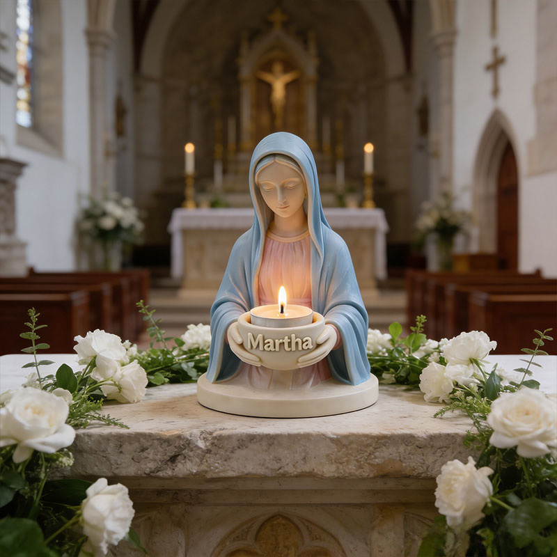 Personalized 3D Printable Virgin Mary Tealight Candle Holder with Custom Name Catholic Home Decor Prayer Space Lady Guadalupe Stand Spiritual Gift