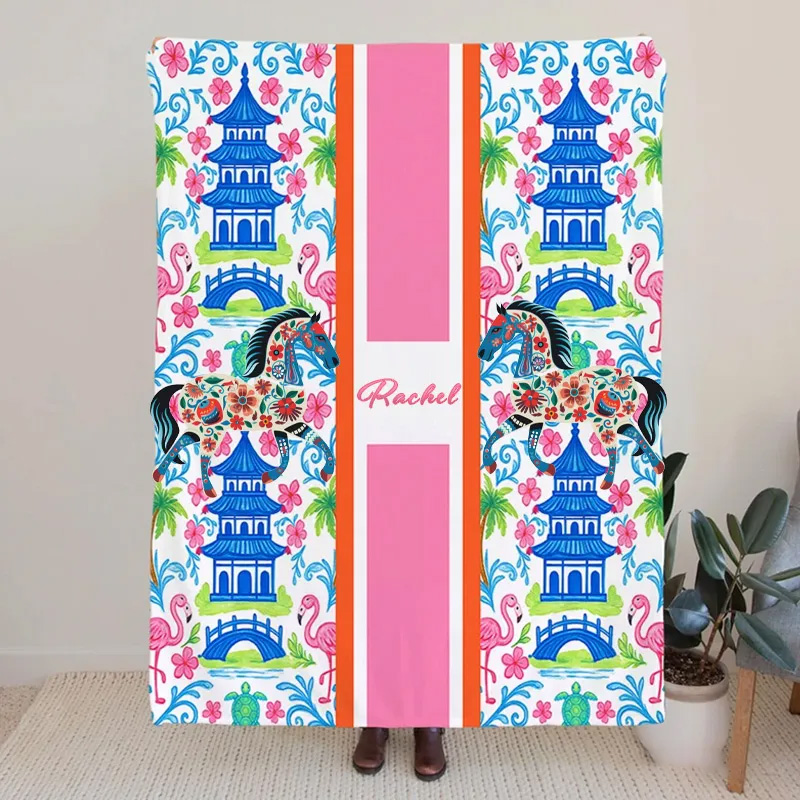 Personalized Floral Chinoiserie Soft Throw Blanket with Monogram Home Decor Birthday Gift for Women Riding Lovers Equestrian Lovers