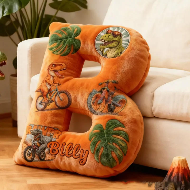 Personalized Dinosaur Dino Bike Letter Pillow Cozy Graphic 3D Print Bow Letter Pillow Name Pillow Comfortable Travel Cushion for Kids Riding Lovers