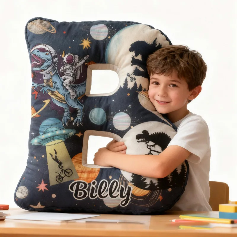 Personalized Dinosaur Space Bike Letter Pillow Graphic 3D Print Dino Galaxy Letter Pillow Name Pillow Comfortable Travel Cushion for Kids Riding Lovers
