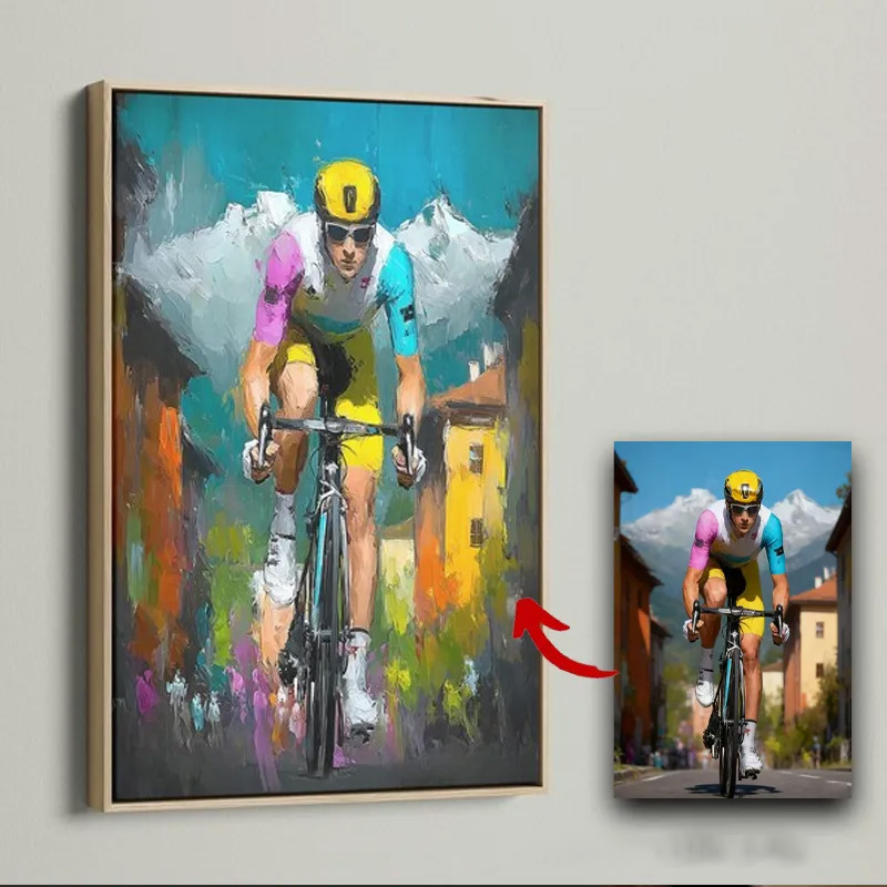 Personalized Bicycle Photo Portrait Bike Art Print Cycling Wall Decor Teal Yellow Sport Painting Bicycle Race Wall Decor Gift for Cyclist