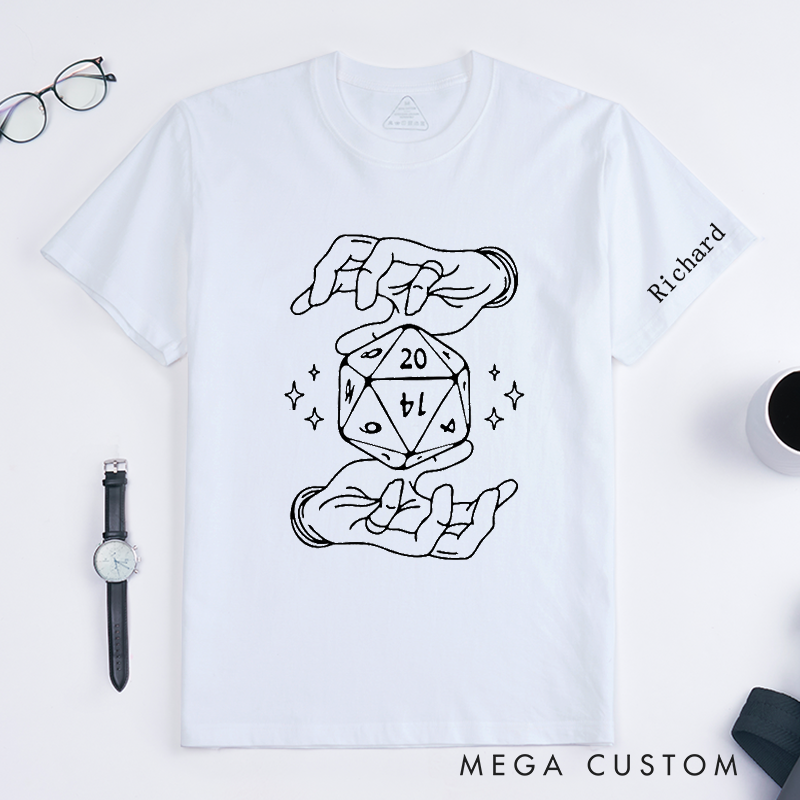 Personalized D20 Dice Magic Hands Classic T-Shirt Custom Name Gift for Gamers Unique Creative Unisex Birthday Present for Dungeons Enthusiasts