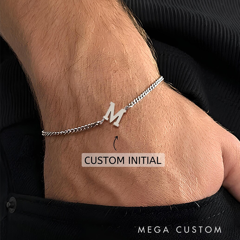 Personalized Silver Initial Alphabet Chain Bracelet for Men Men’s Gifts Valentine’s Day Gifts Groomsmen Bracelets