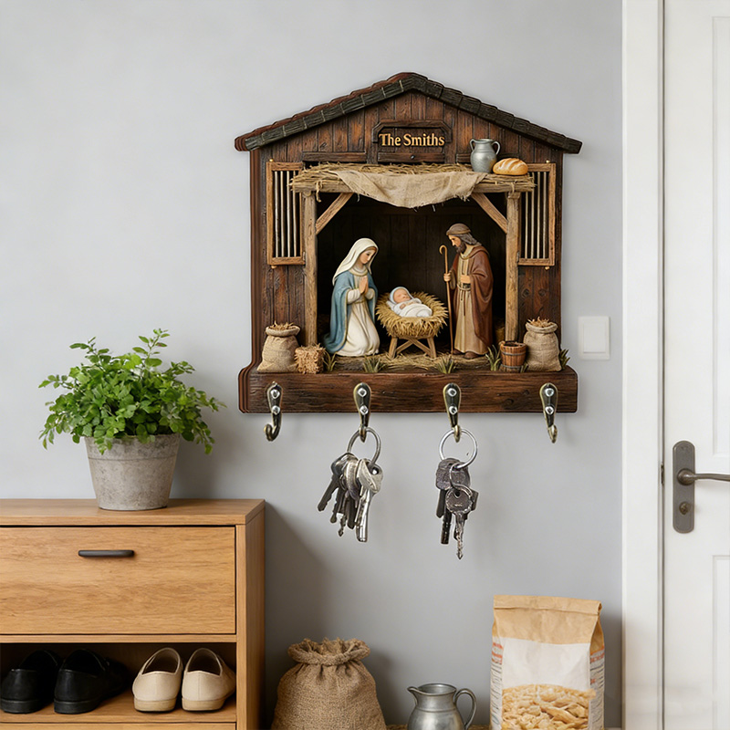 Personalized Nativity Scene Key Holder with Family Name Custom Shaped Graphic 3D Printed Key Hanger Religious Gift for Christian Family