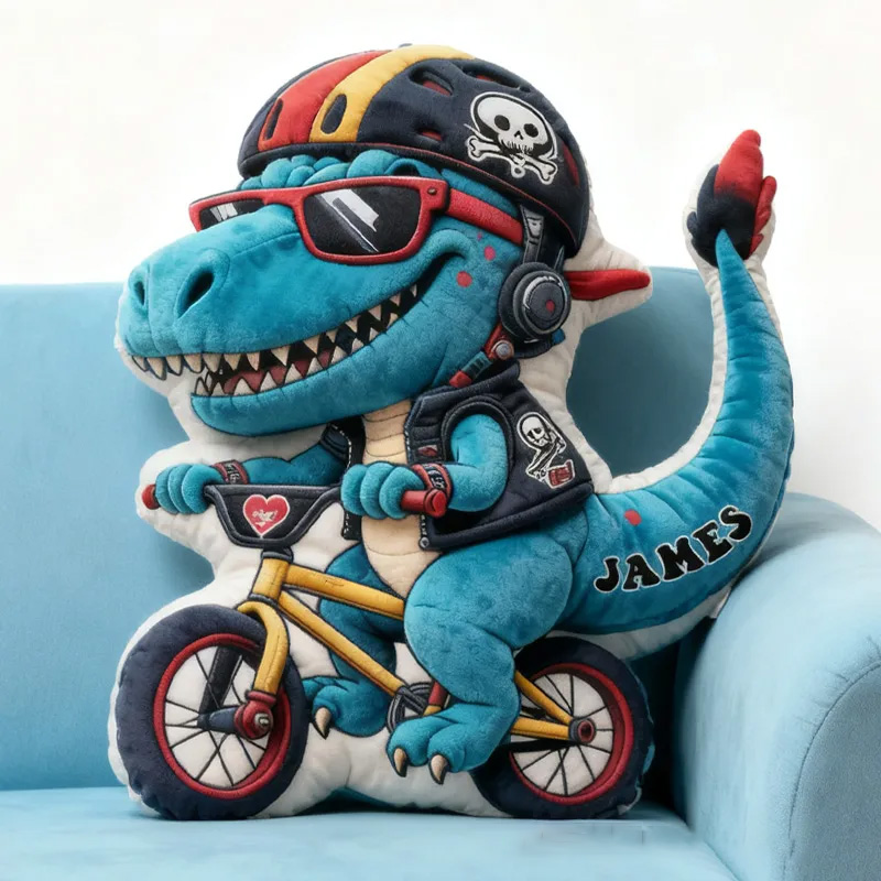 Personalized Dino Rider Bike Pillow Cozy Graphic 3D Print Cool Skull Racing Biker Dino Pillow Name Pillow Comfortable Travel Cushion for Kids Boys Riding Lovers