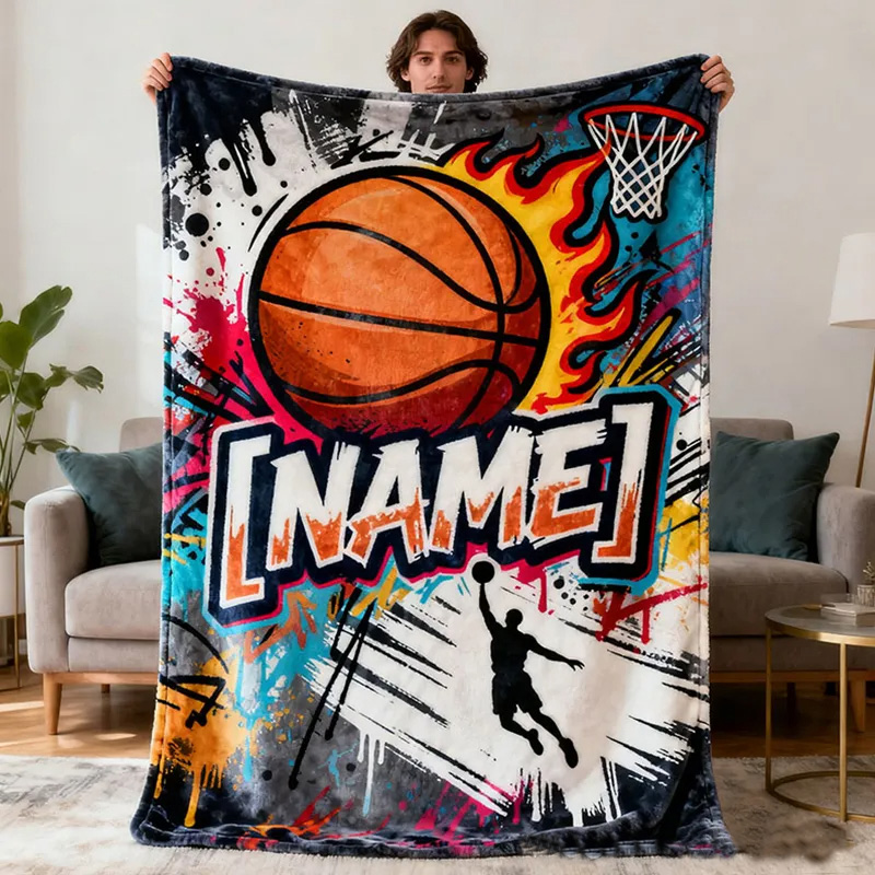 Personalized Basketball Blanket with Custom Name and Vibrant Design for Basketball Lover