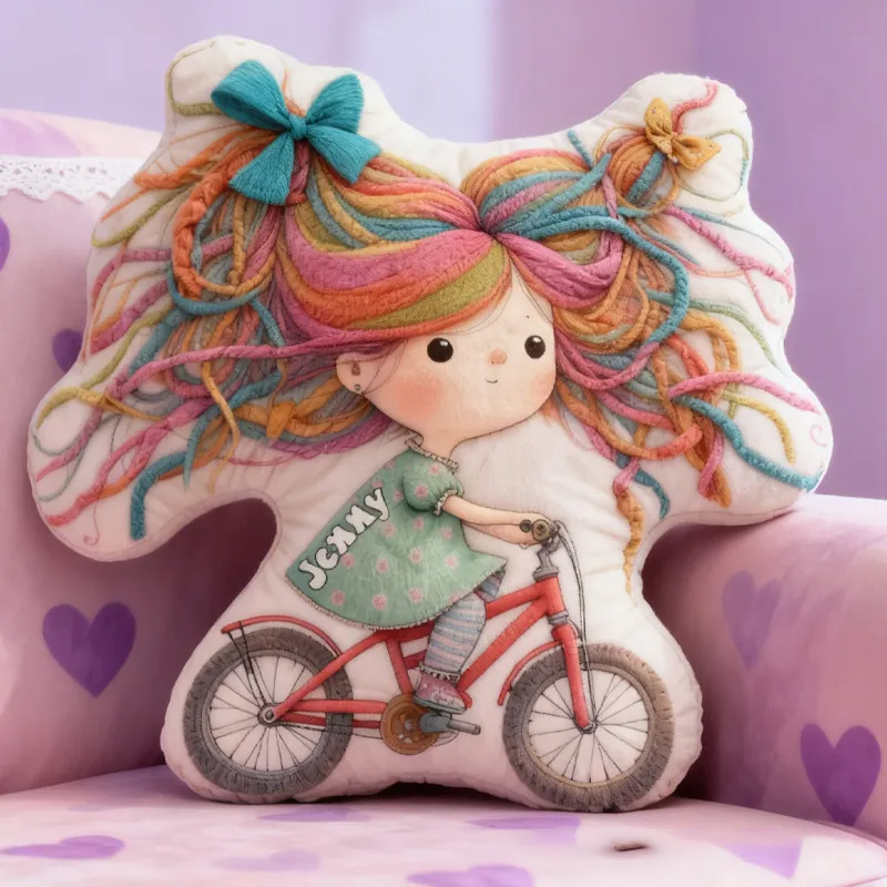 Personalized Quirky Girl Bike Pillow Rainbow Hair Cozy Graphic 3D Print Dreaming Princess Pillow Whimsical Girl Name Pillow Comfortable Travel Cushion for Kids Girls Riding Lovers