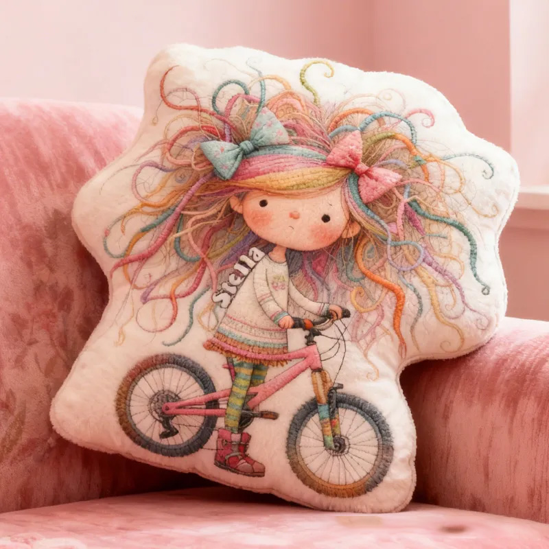 Personalized Quirky Girl Bike Pillow Rainbow Hair Cozy Graphic 3D Print Dreaming Princess Pillow Whimsical Girl Name Pillow Comfortable Travel Cushion for Kids Girls Riding Lovers