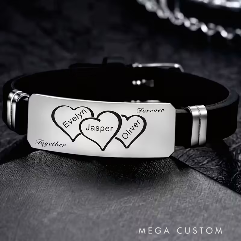 Personalized Stainless Steel Silicone Bracelet Custom Engraved Heart Connected Design Ideal Men's Father's Day Valentine's Day Gifts