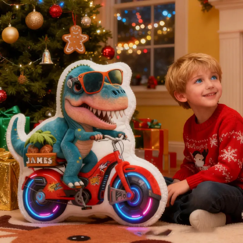 Personalized Dino Rider Bike Pillow Cozy Graphic 3D Print Cool Racing Biker Dino Pillow Name Pillow Comfortable Travel Cushion for Kids Boys Riding Lovers