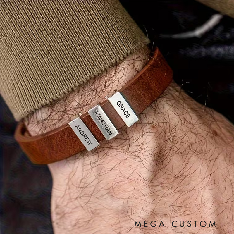Personalized Genuine Leather Men's Bracelet with Stainless Steel Accents Custom Engraved Minimalist Design Ideal Men's Gifts for Father's Day and Valentine's Day