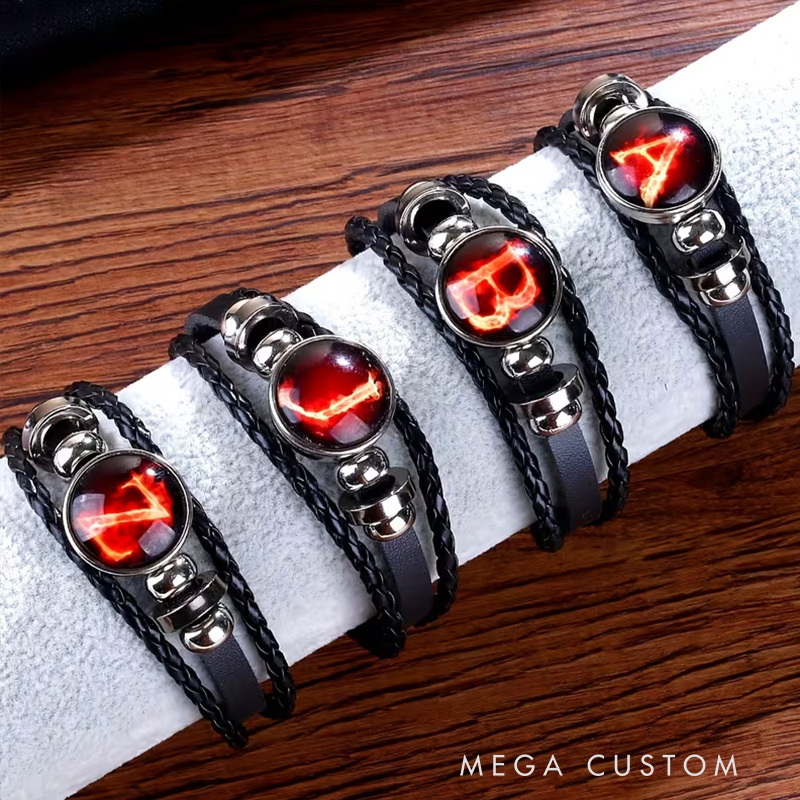 Personalized Flame Punk Style PU Leather Bracelet Initial Letter Design Adjustable Metal Accent Ideal Men's Gifts Valentine's Day Gifts Groomsmen Bracelets