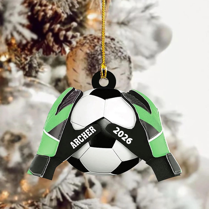 Personalized Acrylic Soccer Ball Christmas Ornament with Custom Name, Year, and Goalkeeper Gloves Design