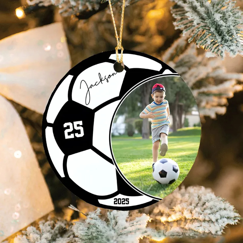 Personalized Soccer Photo Christmas Ornament with Custom Name, Number, and Year
