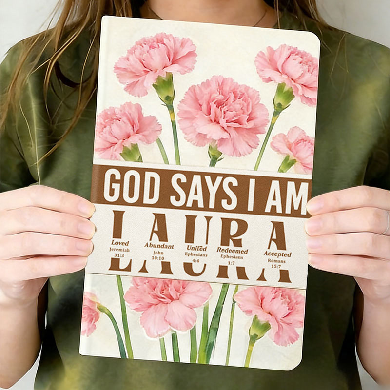Personalized God Says i am Birth Flower Leather Cover Notebook with Custom Name Encouraging Scripture Bible Verse Journal Religious Christian Gift for her