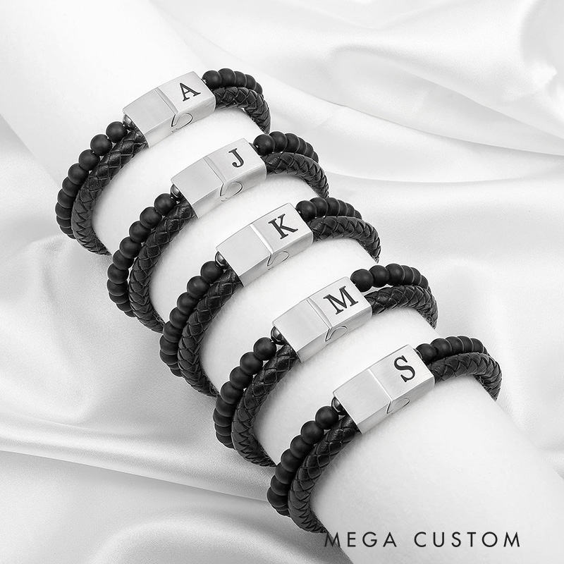 Personalized Beaded Leather Initial Bracelet 6mm Matte Agate Stone Handmade Bracelets Adjustable Mens Bracelet Magnetic Clasp Father's Day gift for Men Bracelets Valentine's Day Gift for groomsman 