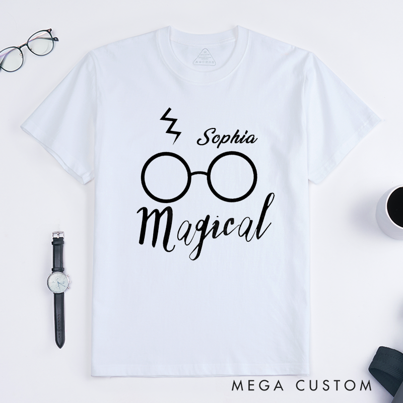 Personalized Magical Glasses T-Shirt Custom Name Gift Unisex Classic Tee Unique Lightning Print Present for Birthday