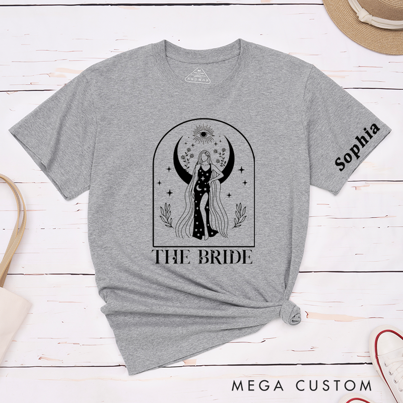 Personalized Bride Moon Goddess T-Shirt Custom Name Celestial Bachelorette Party Tee Unique Starry Bridal Shower Gift for Her Astrology Moon Lover