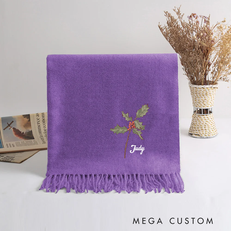 Personalized Birth Flower Soft Warm Tassel Scarf with Name Winter Accessory Anniversary Birthday Gifts