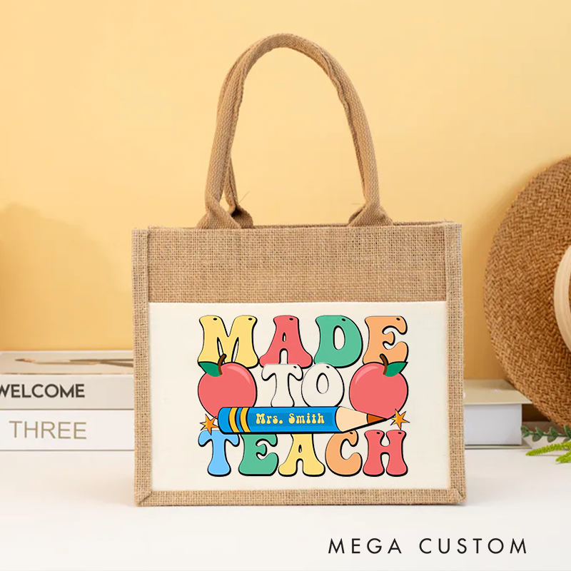 Personalized Made to Teach Teacher Burlap Tote Bag Fun Colorful Design with Pencil and Apple Perfect for Teachers
