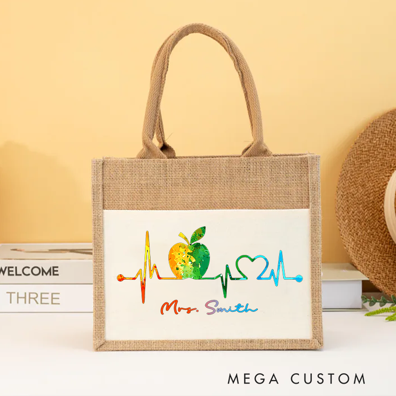 Personalized Teacher Heartbeat Burlap Tote Bag Watercolor Apple and Heart Design Perfect Gift for Teachers