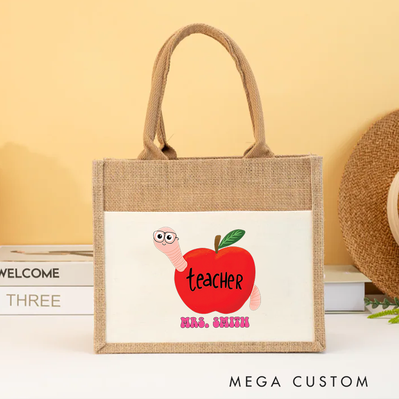 Personalized Teacher Apple with Cute Worm Design Burlap Tote Bag Fun and Whimsical Gift for Teachers