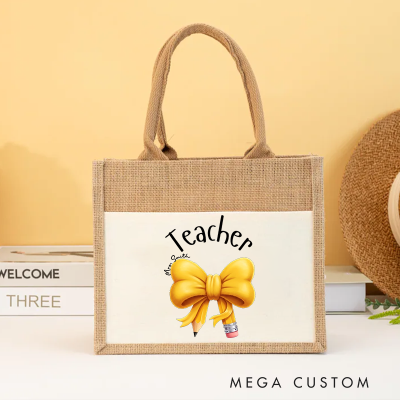 Personalized Teacher Burlap Tote Bag Yellow Bow and Pencil Design Thoughtful Stylish Gift for Teachers