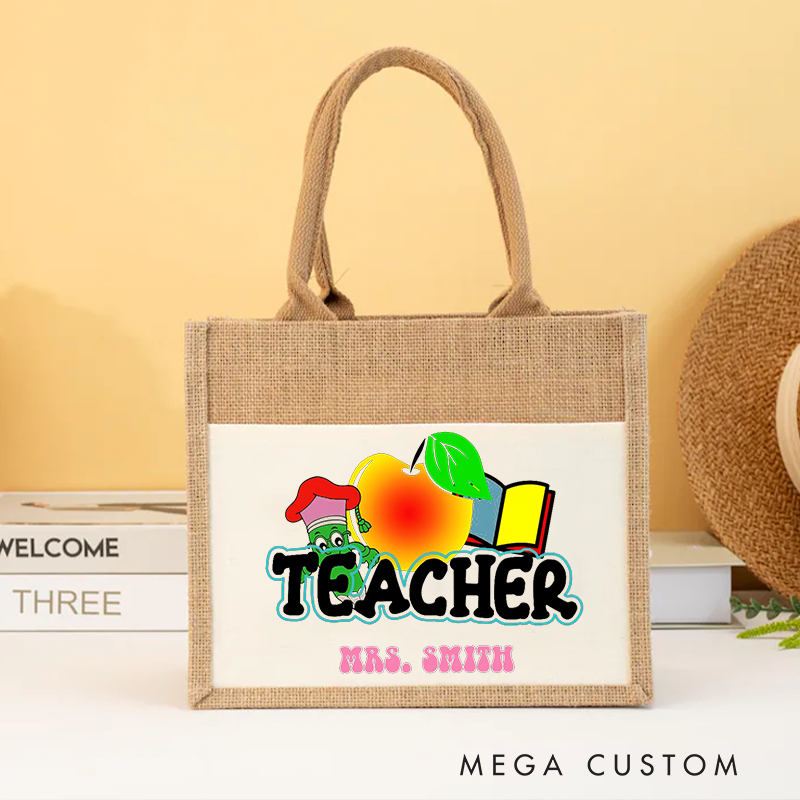 Personalized Teacher Burlap Tote Bag Fun Apple and Book Design with Cute Worm Perfect Gift for Teachers